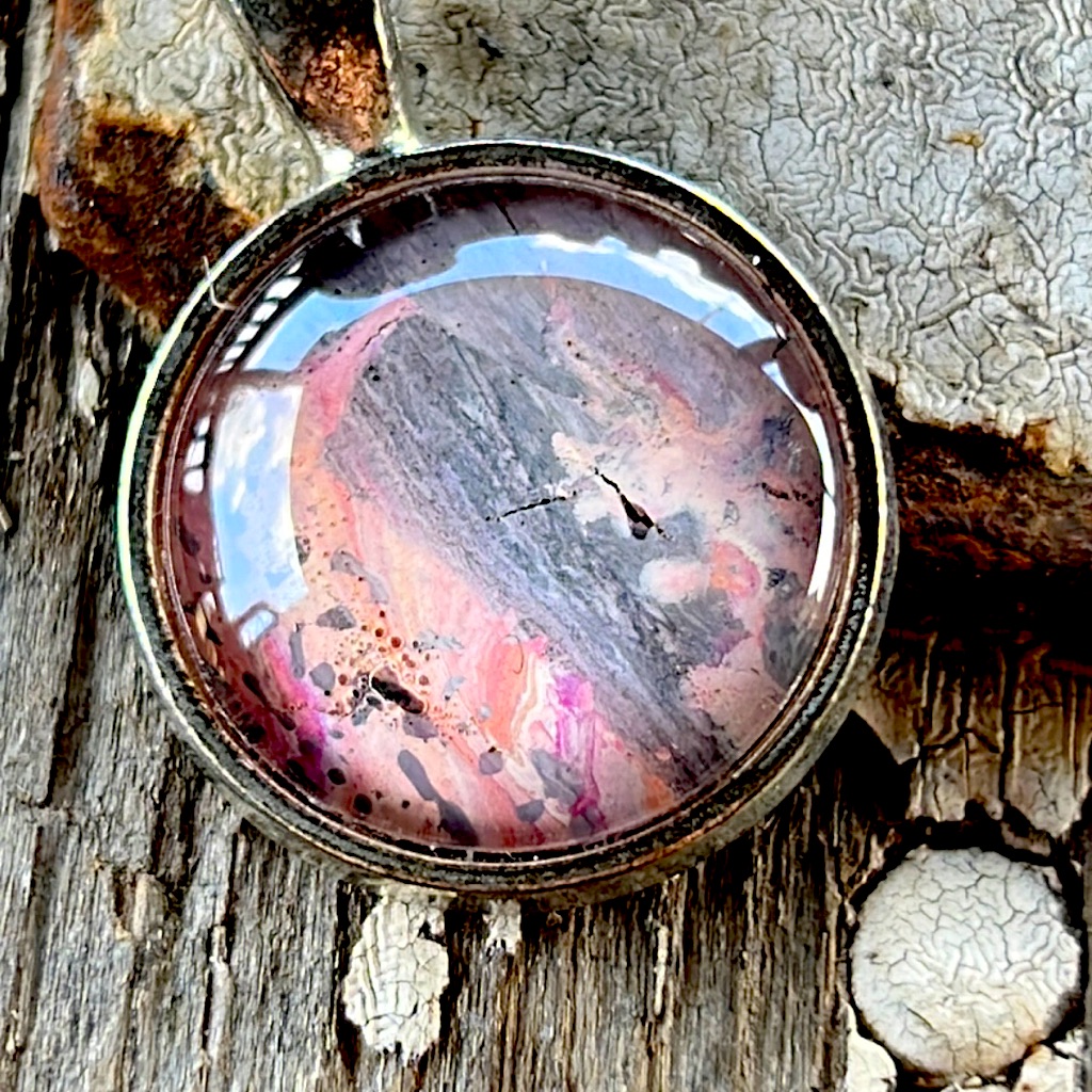 Ooak Miniature Acrylic “Dirty Pour” Painting Necklace Susan Ray, Author/Designer